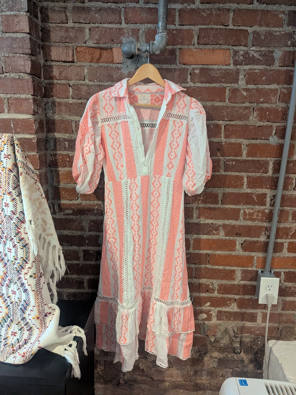 Coral and White Embroidered Button-Front Midi Dress